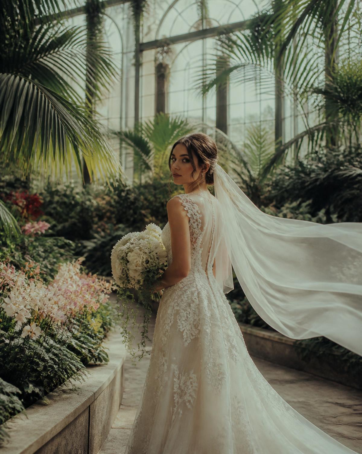 Bride in a flowing veil surrounded by lush botanical greenery
